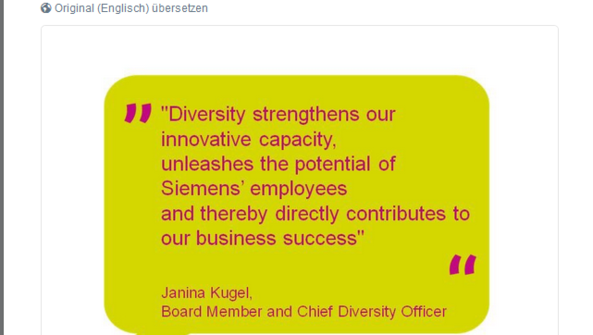 Janin Kugel von Siemens schreibt anlässlich des DDT17 auf Englisch: „Diversity strenghtens our innovative capacity, unleashes the potential of Siemens‘ employees and thereby directly contributes to our business success.“