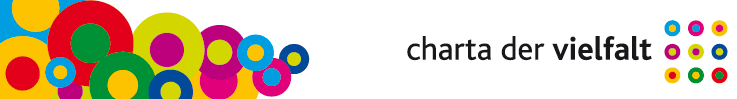 Logo der Unternehmensinitiative „Charta der Vielfalt”, sowie eine Bildcollage aus bunten Kreisen, die dem Logo der Initiative entnommen sind