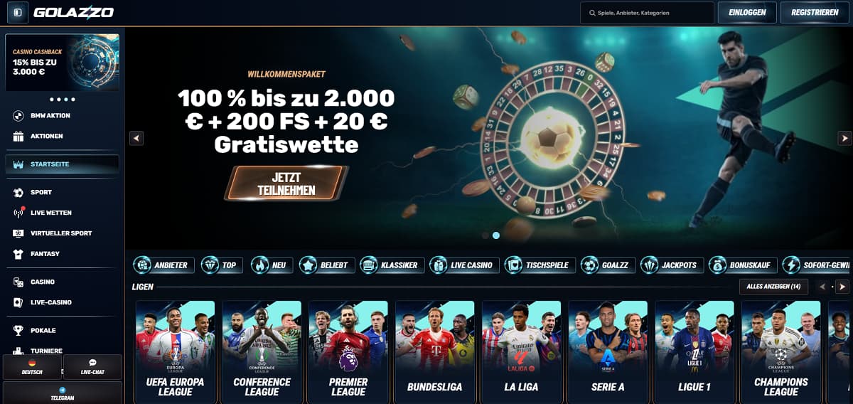 Golazzo Startseite mit Banner, das ein Willkommenspaket von 100 % bis zu 2.000 € plus 200 Freispiele und 20 € Gratiswette bewirbt. Seitenleiste umfasst Sport, Live-Wetten, Casino und Turniere. Hintergrund zeigt Roulette-Rad mit Fußballmotiv, dazu Panels mit internationalen Fußball-Ligen wie Bundesliga, Premier League und Champions League.