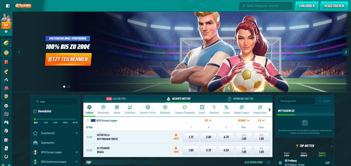 Golisimo Startseite mit Banner, das einen 100 %-Sportbonus bis zu 200 € auf die erste Einzahlung bewirbt. Stadiondesign mit Fußballspielern im Vordergrund. Navigation umfasst Fußball, Basketball, Tennis, Eishockey und Esports. Wettbereich zeigt Quoten für UEFA Europa League Spiele wie Aston Villa vs. Nottingham Forest und SC Freiburg vs. Braga.