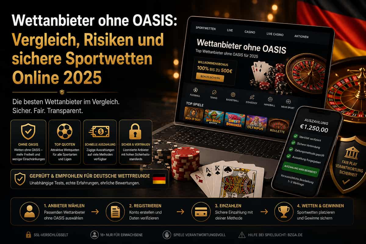 Laptop mit Wettanbieter ohne OASIS Vergleich, Sportwetten-Interface, Chips und Smartphone in dunkler Premium-Casino-Szene.